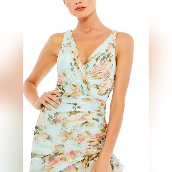 leena for Mac Duggal,Floral Print  Asymmetrical Ruffle Hem Dress,Blue Floral, 2 - Picture 3 of 10